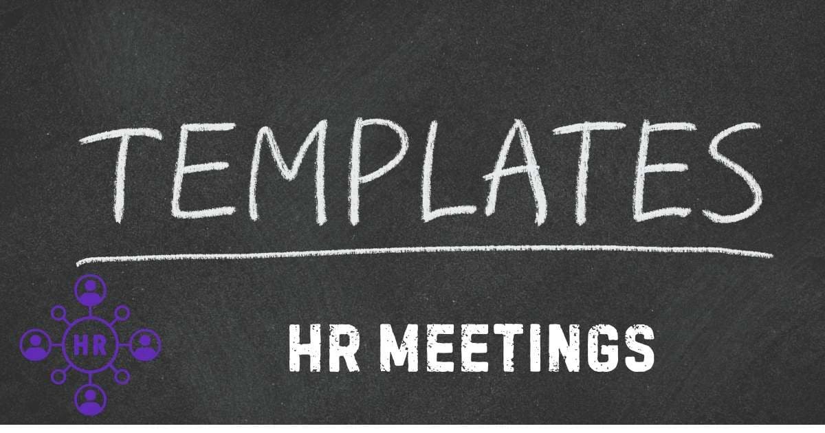 Chalkboard graphic with the text "TEMPLATES" and "HR MEETINGS" alongside a purple icon representing human resources and organizational structure.