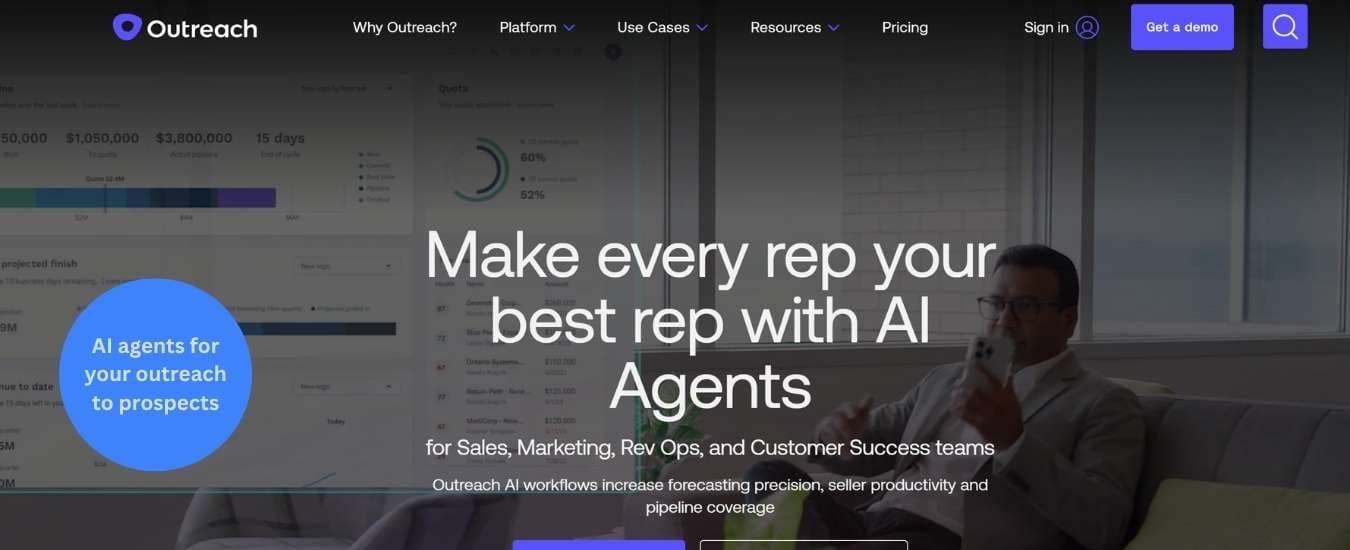 Outreach sales execution platform featured in Buro's guide, showcasing AI agents for prospecting and automated workflows for sales and marketing teams.