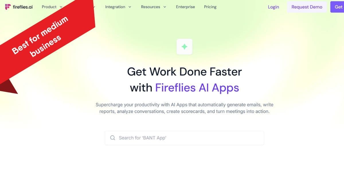 Screenshot of the Fireflies.ai website with a red banner stating "Best for medium business," highlighting AI meeting tools.