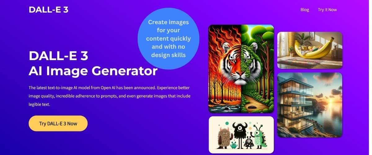 DALL-E 3 AI image generator interface highlighting the ability to create high-quality custom images quickly with no design skills required.