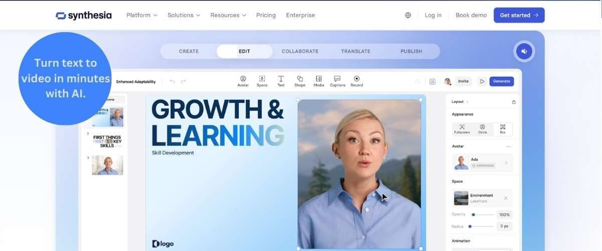 Synthesia dashboard showcasing AI avatars and video creation tools to turn text into professional video in minutes.