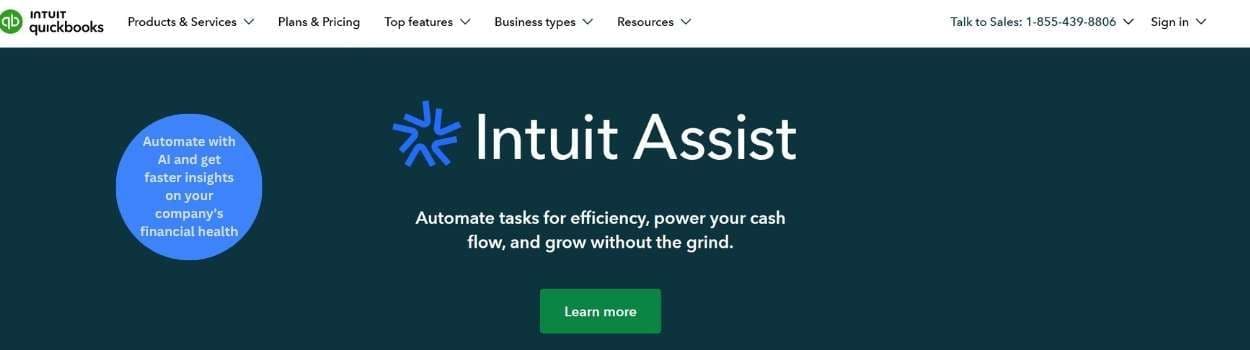 Intuit Assist interface within QuickBooks, showing AI-powered automation for financial tasks, cash flow management, and real-time business insights.