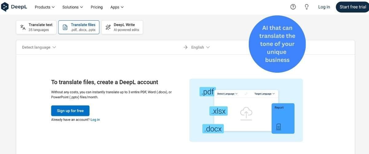 DeepL AI translation interface showing secure document translation and the AI writing assistant for professional business communication.