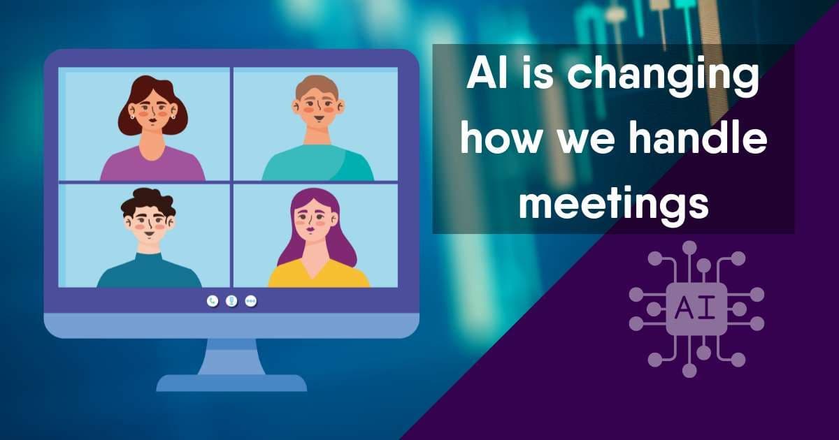 Illustration of a video call on a desktop monitor with the text "AI is changing how we handle meetings" and a purple AI circuit icon.