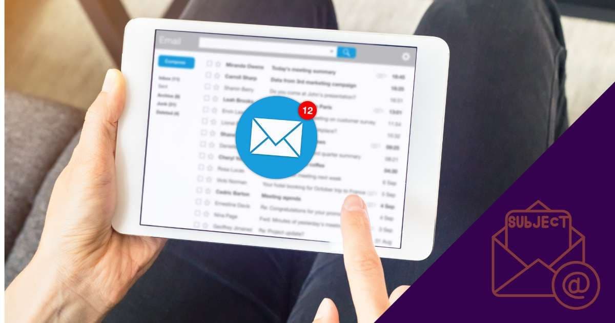 Person using a tablet to view an email inbox with a blue notification icon, symbolizing efficient meeting follow-up management.