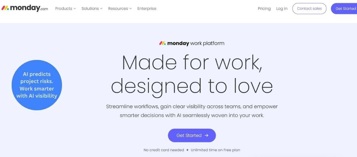 Monday.com interface showcasing AI-powered project management tools to predict risks and improve team visibility and productivity.