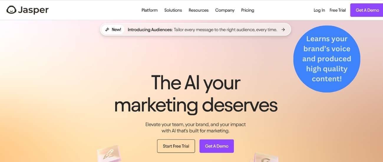 Jasper AI marketing platform interface showing enterprise content creation and brand-consistent AI writing tools.