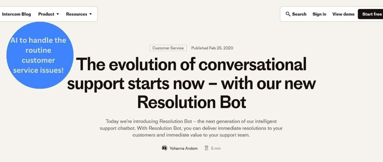 Intercom Resolution Bot interface highlighting AI-driven conversational support and automated customer service resolution for business.
