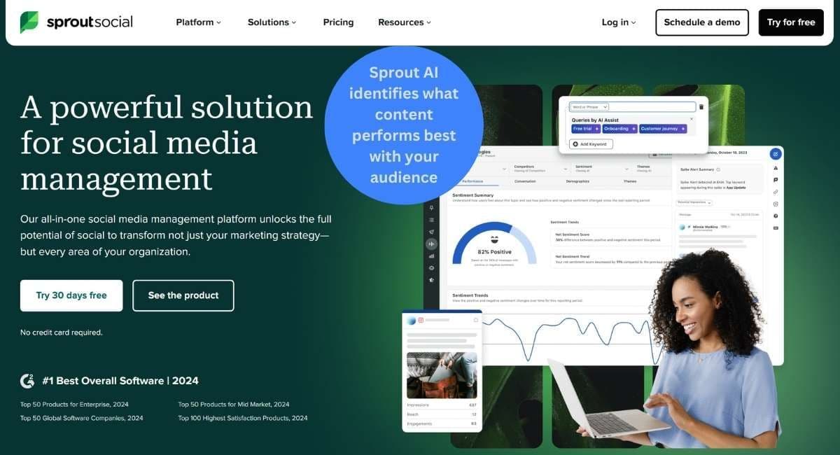 Sprout Social AI platform interface showing automated content scheduling, advanced social listening, and comprehensive performance analytics for business.