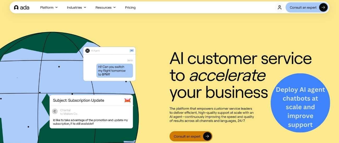 Ada AI agent interface showing automated customer service solutions to accelerate business growth and support scalability.