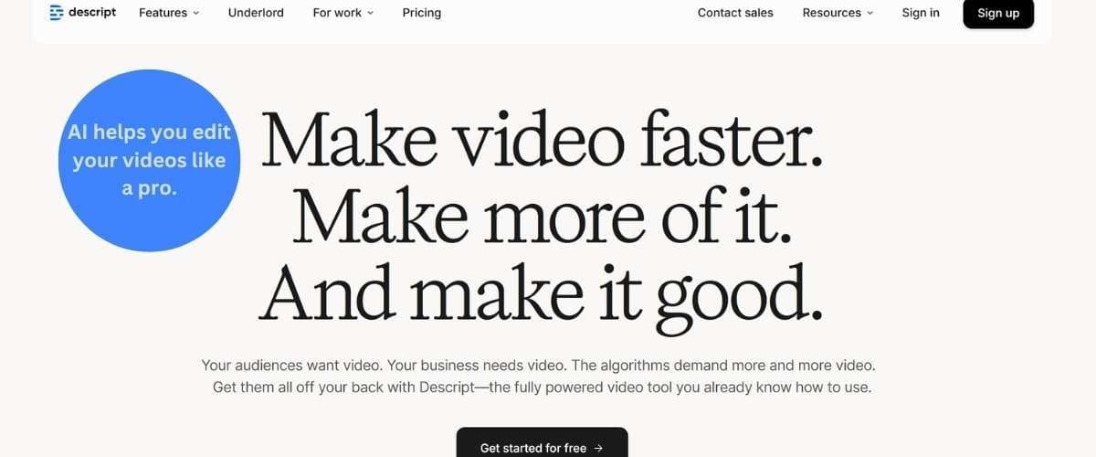 Descript AI video editor interface showing automated transcription and text-based video editing tools to speed up content production.