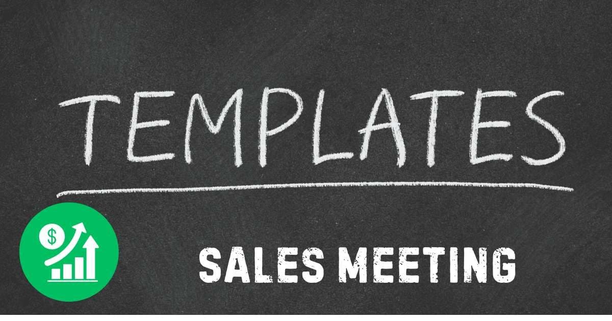 Chalkboard graphic with the text "TEMPLATES" and "SALES MEETING" alongside a green growth and currency icon.